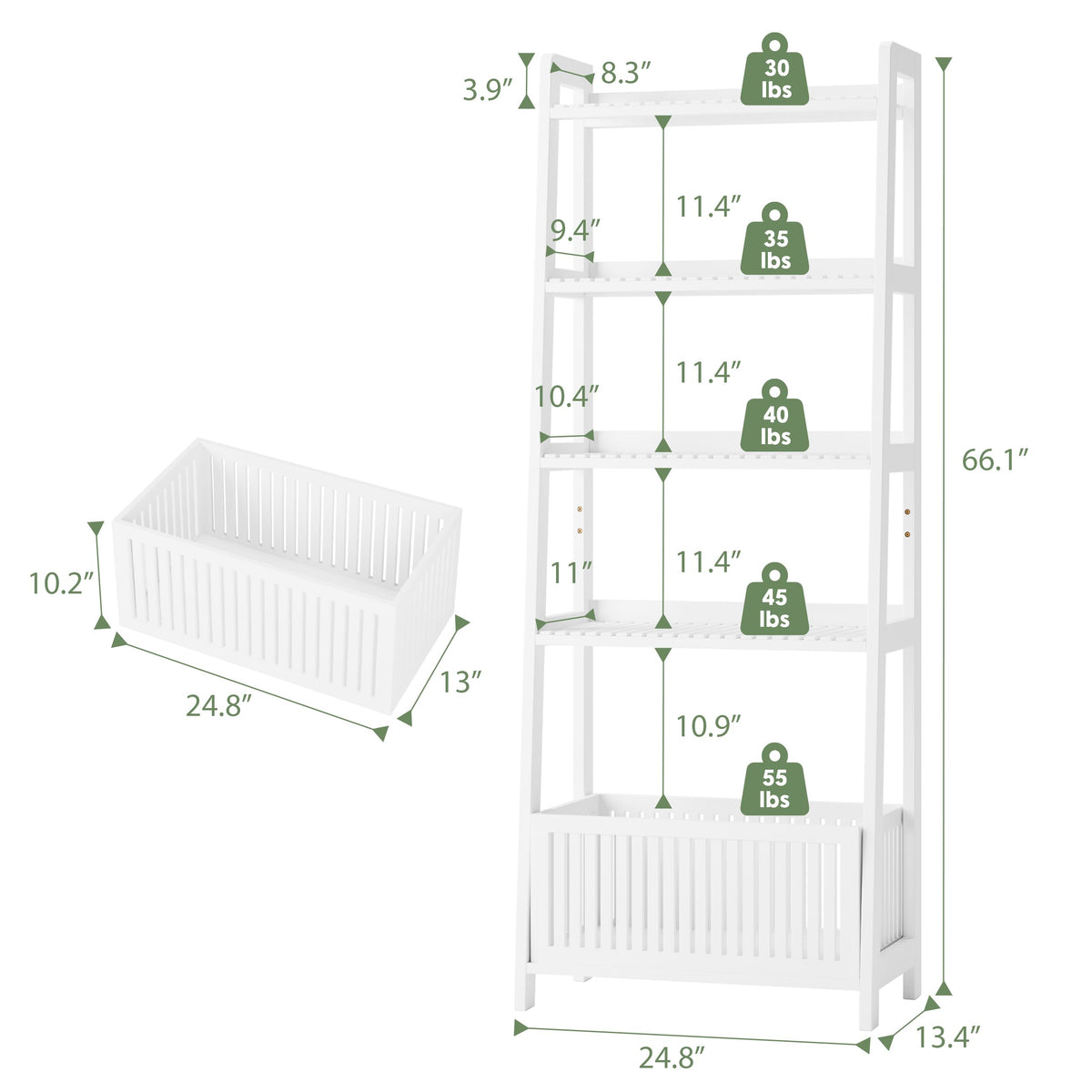Bamjoy Bamboo Ladder Shelf, Bookshelf with 4 Display Shelves and 1 Open Storage Basket, Multifunctional Storage Rack Organizer for Home Office, Bedroom, Living Room, 66â H Natural