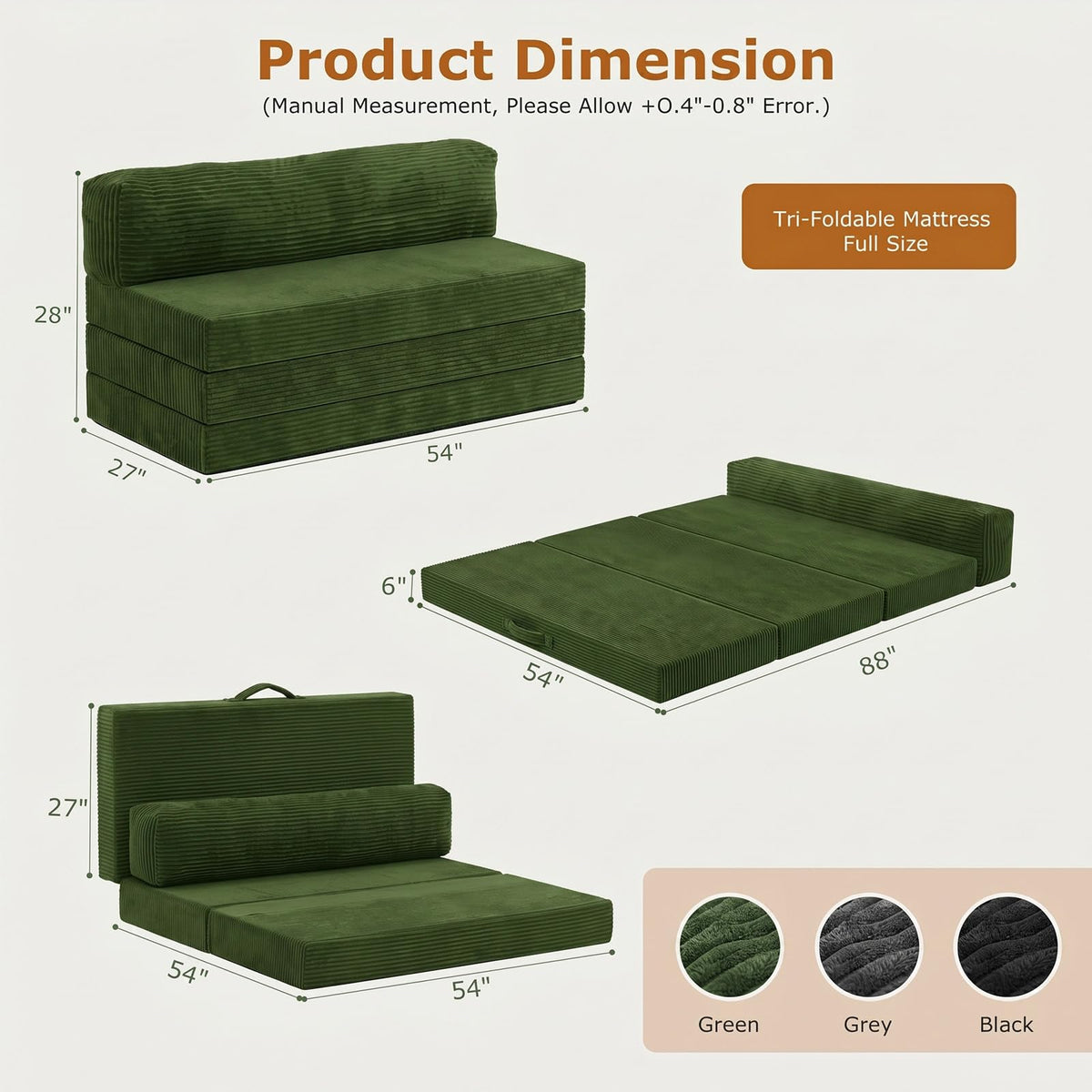 JUIKURY 6 Inch Tri-Fold Memory Foam Mattress Queen Size, 5 in 1 Convertible Sofa Bed, Foldable Floor Futon Sleeper Couch with Washable Cover & High-Density Foam, Portable Guest Bed for Living Room