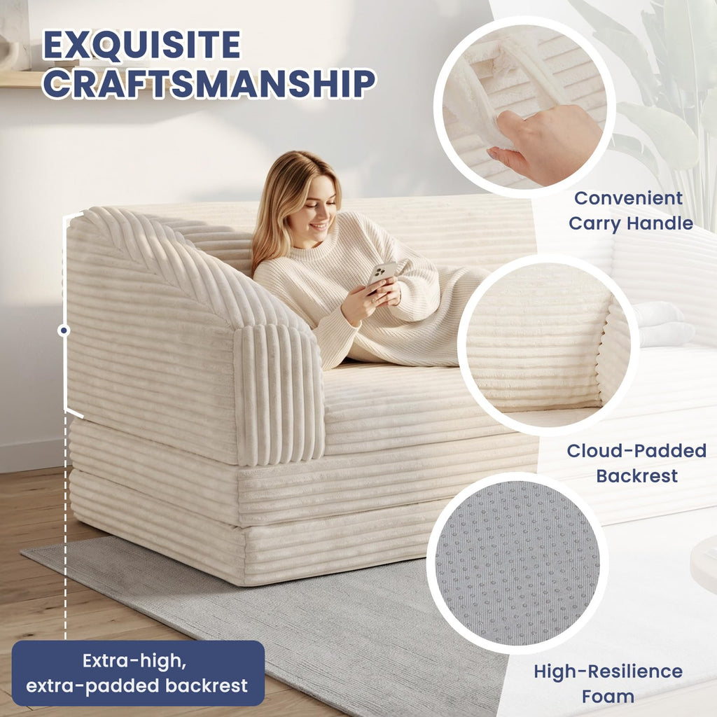 Convertible Folding Sofa Bed, 2-in-1 Single Boneless Sofa with Soft Corduroy & Ultra-Thick Backrest, Foldable Boneless Chair Lounger Sleeper Sofa for Small Apartment, Living Room, Home Office