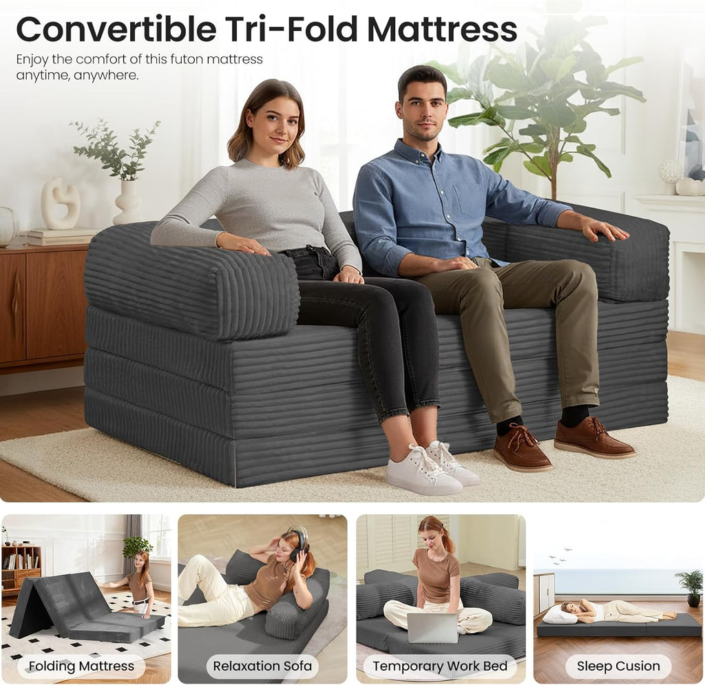 Tri-Fold Foldable Mattress, Convertible Folding Sofa Bed with Removable Arms & Washable Cover, All-in-One Portable Mattress Floor Sofa Bed, No Assembly Required & Non-Slip, Queen Size, Grey