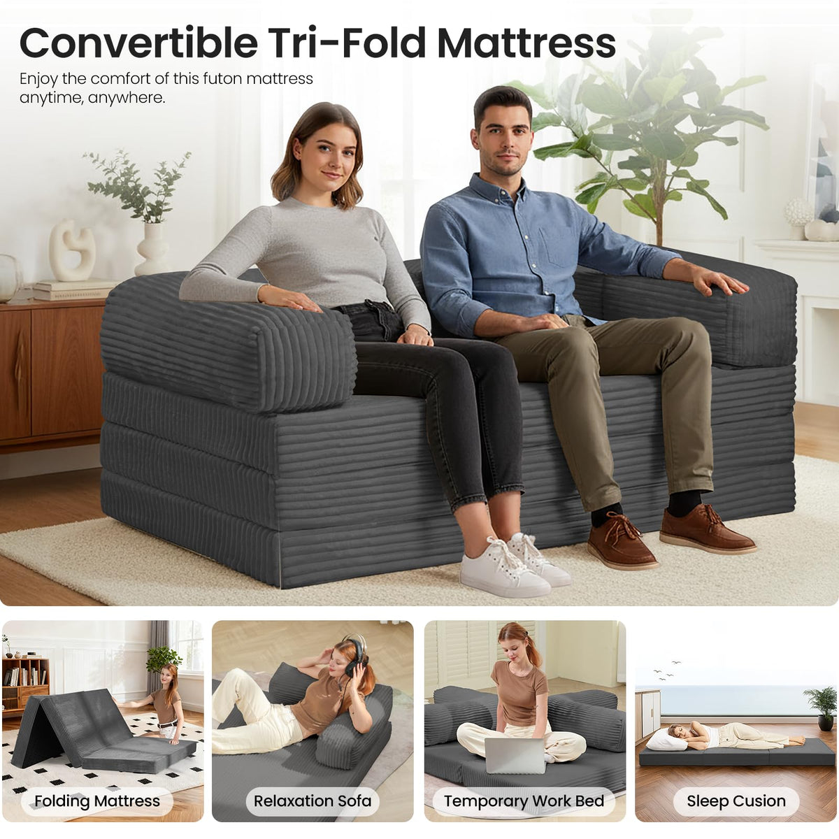 Tri-Fold Foldable Mattress, Convertible Folding Sofa Bed with Removable Arms & Washable Cover, All-in-One Portable Mattress Floor Sofa Bed, No Assembly Required & Non-Slip, Queen Size, Grey