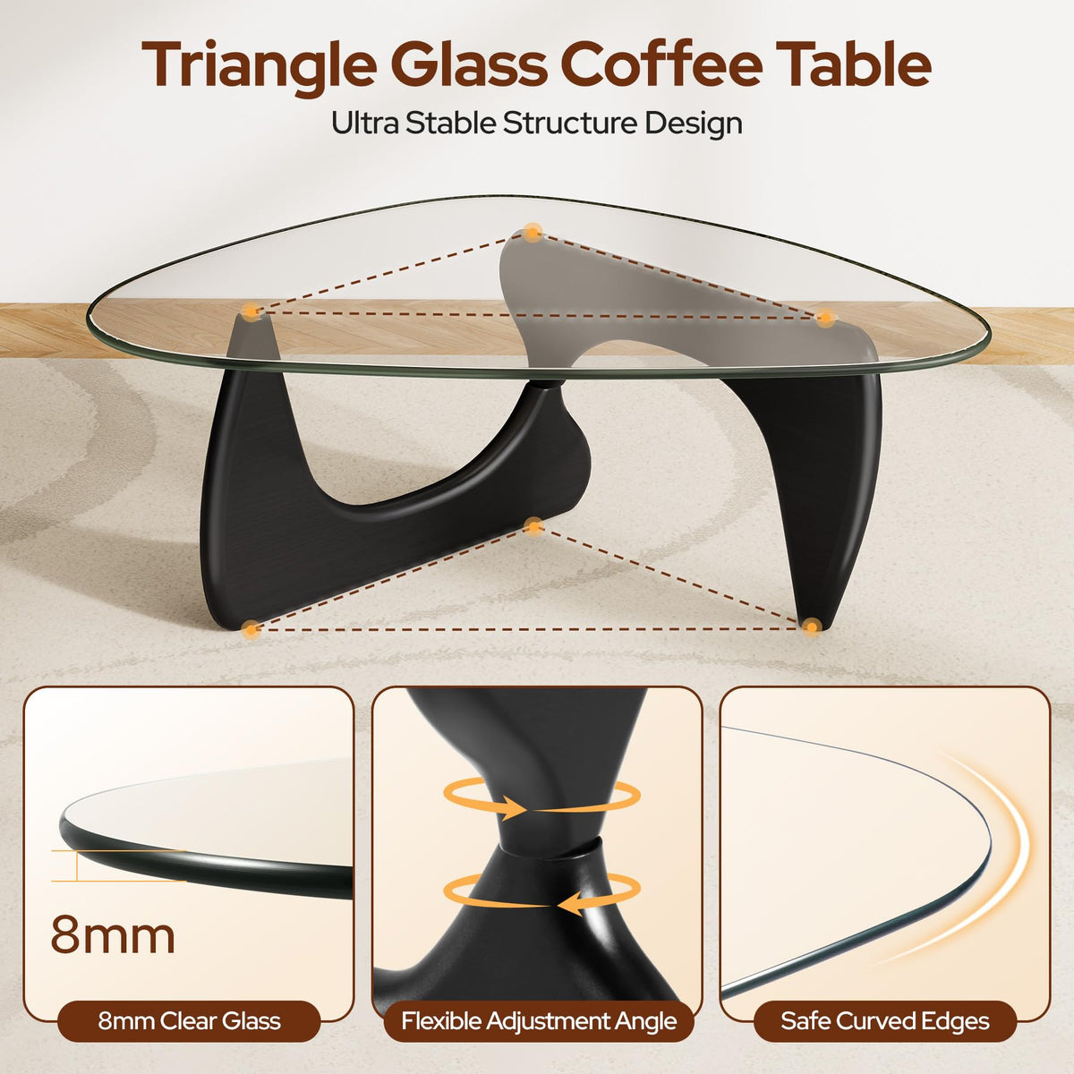 Modern Glass Coffee Table, Mid Century Triangle Coffee Table for Living Room Bedroom Reception Office Tables