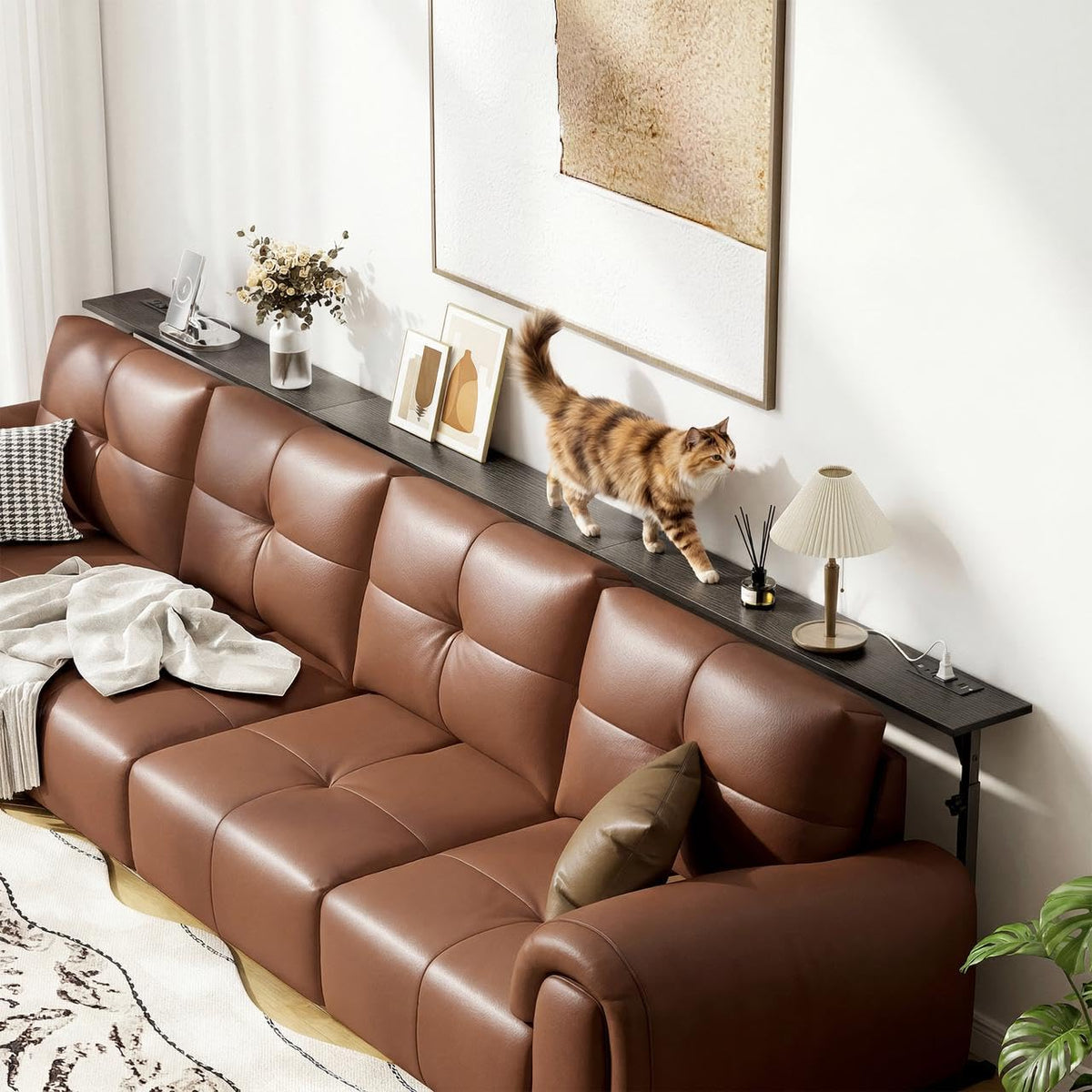 106"-157" Adjustable Length Behind Couch Sofa Table with 3 Power Outlets