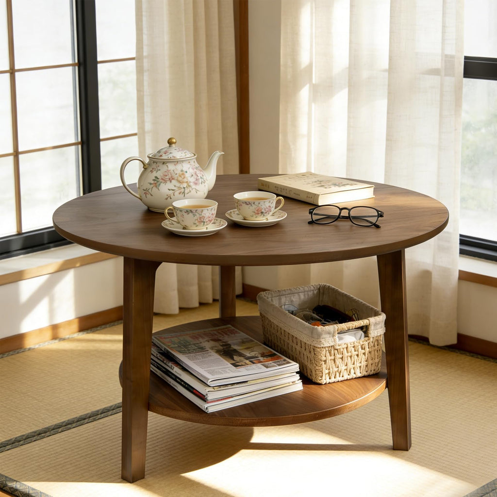 2-Tier Round Coffee Table, 28ââ Wood Nesting Side Table with Storage Shelf, Natural Walnut Wood Tables for Living Room, Space Saving Accent Table