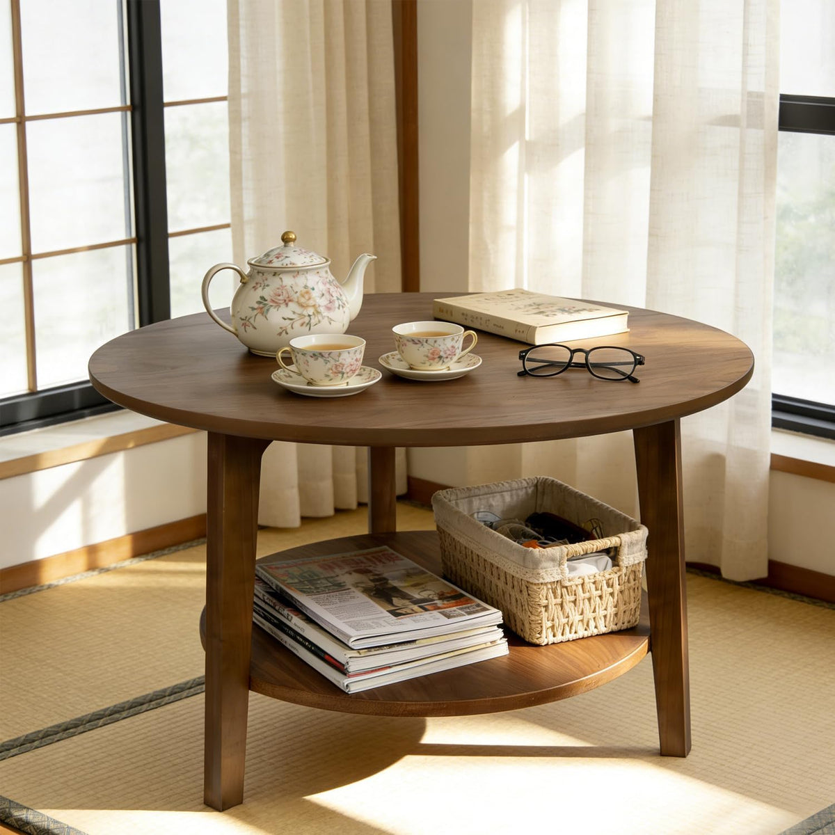 2-Tier Round Coffee Table, 28ââ Wood Nesting Side Table with Storage Shelf, Natural Walnut Wood Tables for Living Room, Space Saving Accent Table