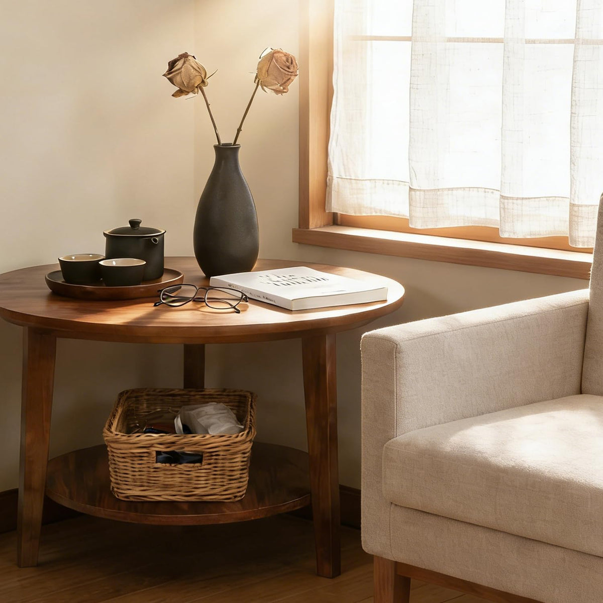 2-Tier Round Coffee Table, 28ââ Wood Nesting Side Table with Storage Shelf, Natural Walnut Wood Tables for Living Room, Space Saving Accent Table