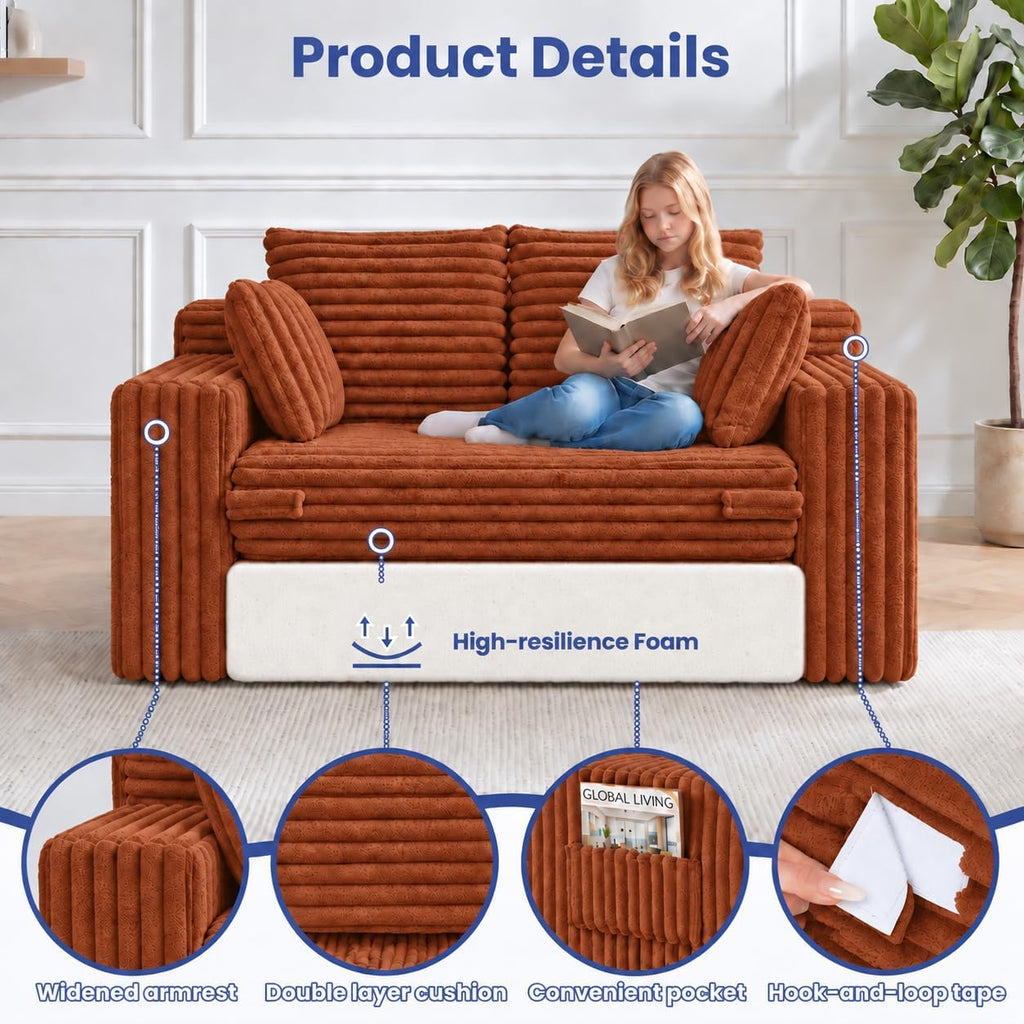 3-in-1 Convertible Sofa Bed: Boneless Loveseat Sleeper & Folding Couch Bed with 4 Pillows & Detachable Cushion, Furry Futon Couch for Bedroom, Apartment, Office and Living Room, No Assembly, Orange