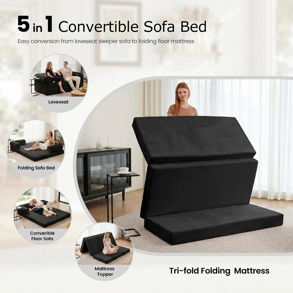 Tri-Fold Foldable Mattress, Convertible Folding Sofa Bed with Removable Arms & Washable Cover, All-in-One Portable Mattress Floor Sofa Bed, No Assembly Required & Non-Slip, Queen Size, Grey