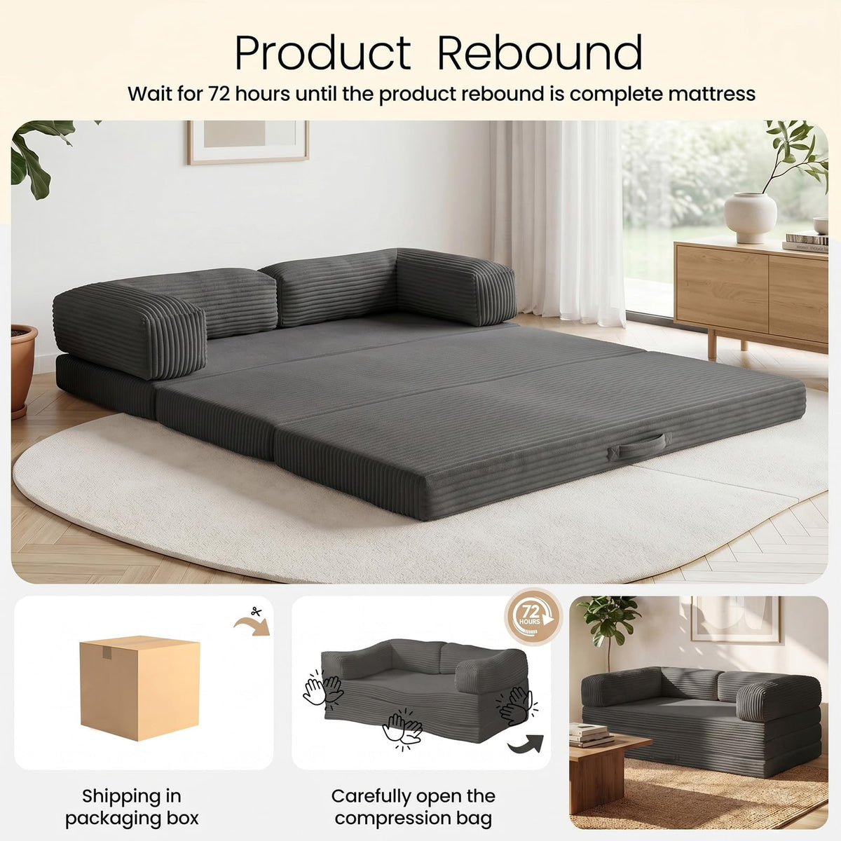 Erament Futon Sofa Bed Queen, Convertible Tri Folding Mattress Foldable with Removable Armrests & Washable Cover, 5-Inch Floor Mattress with High-Density Foam, Small Pull Out Couch Bed, Beige