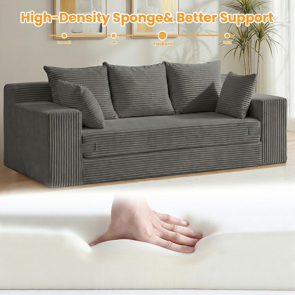 55" Small Boneless Couch, 3-in-1 Boneless Loveseat Sleeper Sofa Bed Convertible Sofa Bed with 4 Pillows, Black Corduroy Boneless Couch for Living Room, Guest Room, Small Space, No Assembly Required