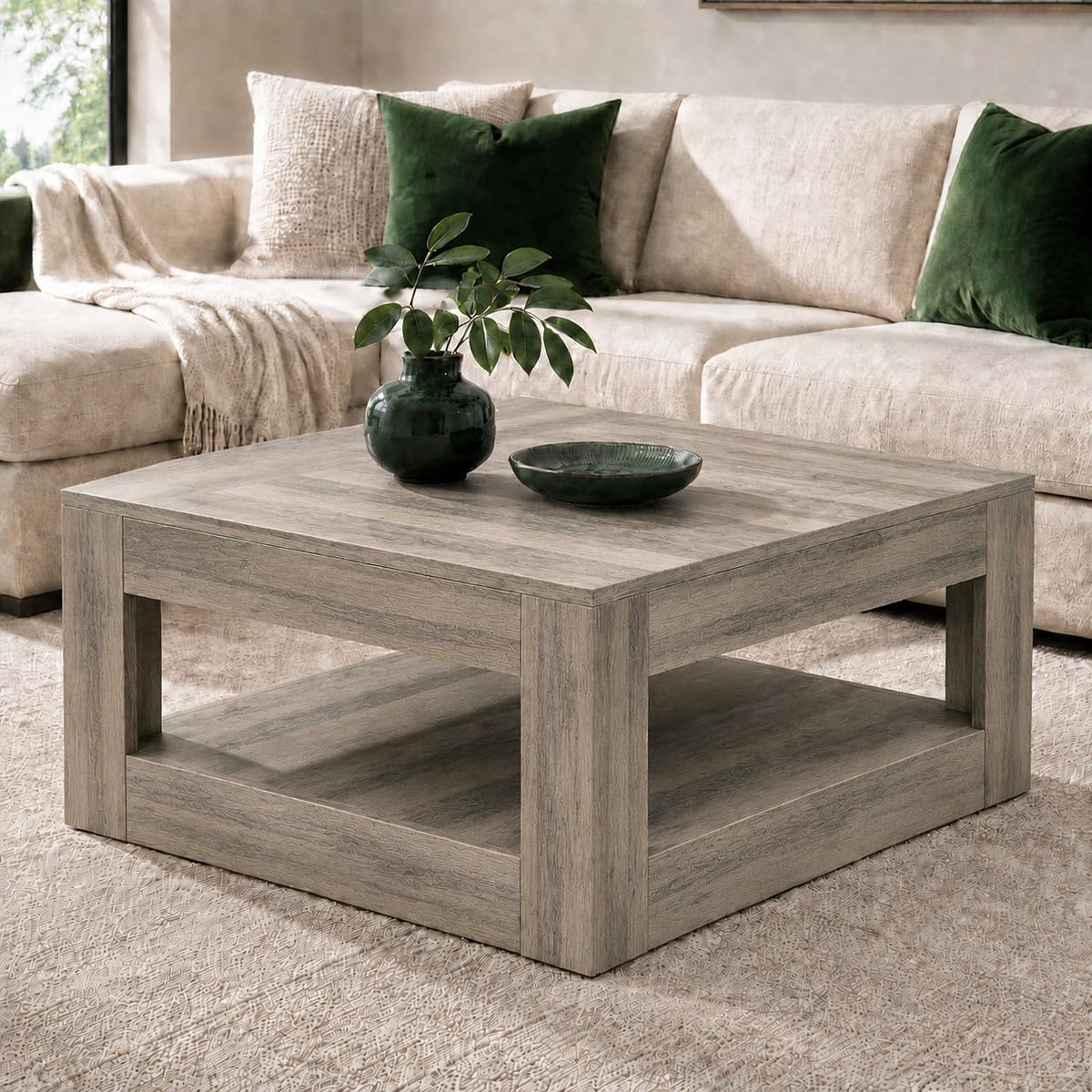 31.5" Square Wood Coffee Table with Storage for Living Room, Gray