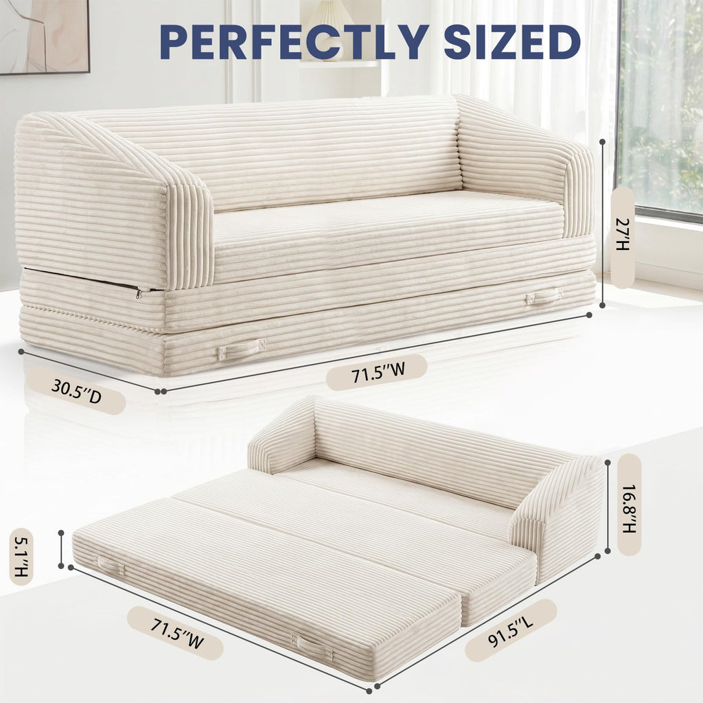 Convertible Folding Sofa Bed, 2-in-1 Single Boneless Sofa with Soft Corduroy & Ultra-Thick Backrest, Foldable Boneless Chair Lounger Sleeper Sofa for Small Apartment, Living Room, Home Office