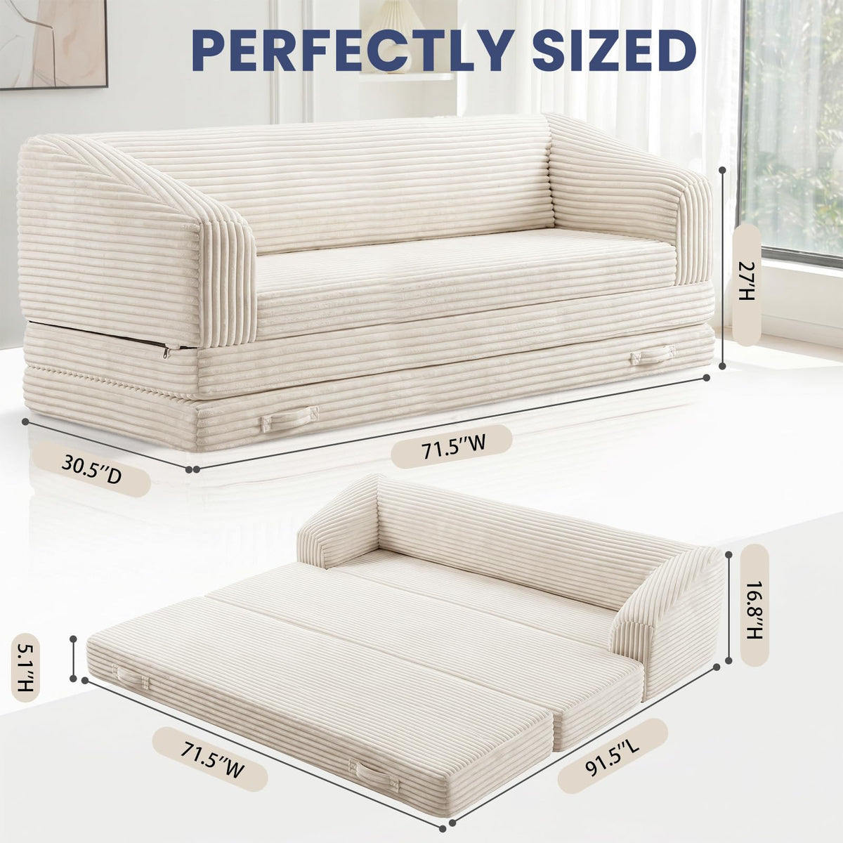 Convertible Folding Sofa Bed, 2-in-1 Single Boneless Sofa with Soft Corduroy & Ultra-Thick Backrest, Foldable Boneless Chair Lounger Sleeper Sofa for Small Apartment, Living Room, Home Office