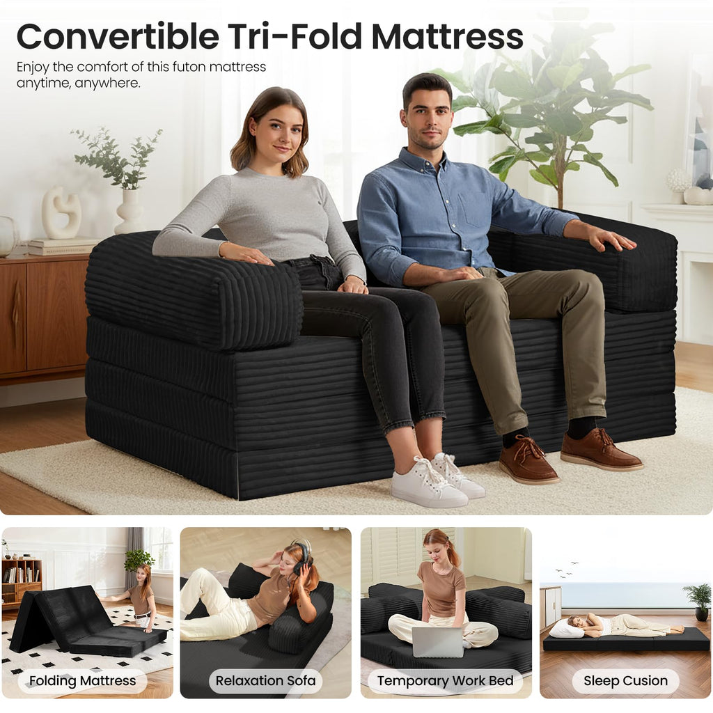 Tri-Fold Foldable Mattress, Convertible Folding Sofa Bed with Removable Arms & Washable Cover, All-in-One Portable Mattress Floor Sofa Bed, No Assembly Required & Non-Slip, Queen Size, Grey