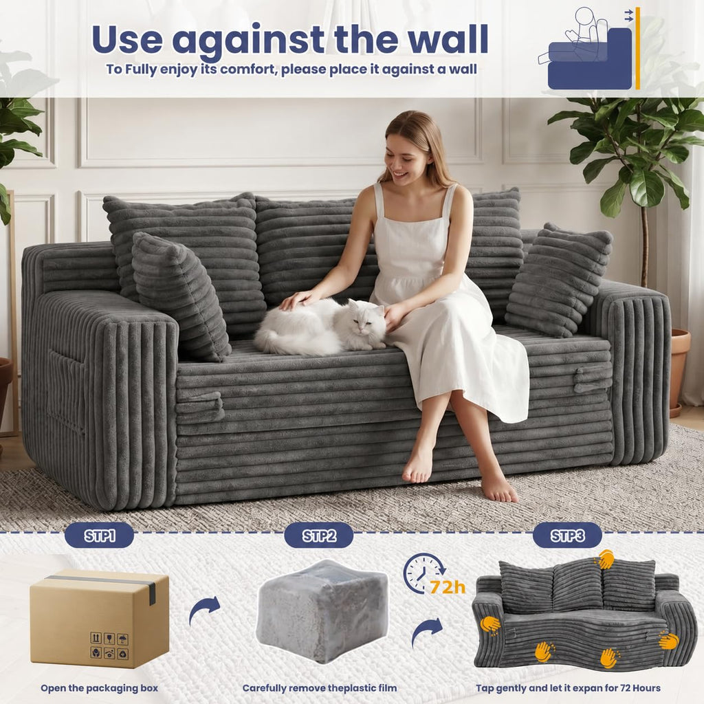3-in-1 Convertible Sofa Bed: Boneless Loveseat Sleeper & Folding Couch Bed with 4 Pillows & Detachable Cushion, Furry Futon Couch for Bedroom, Apartment, Office and Living Room, No Assembly, Orange