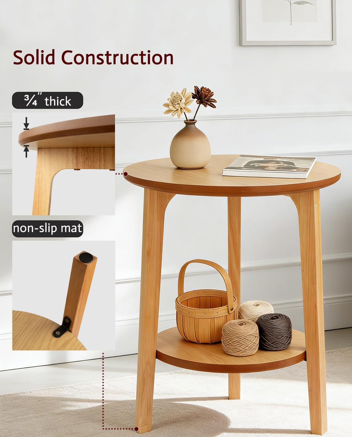 2-Tier Round Coffee Table, 28ââ Wood Nesting Side Table with Storage Shelf, Natural Walnut Wood Tables for Living Room, Space Saving Accent Table