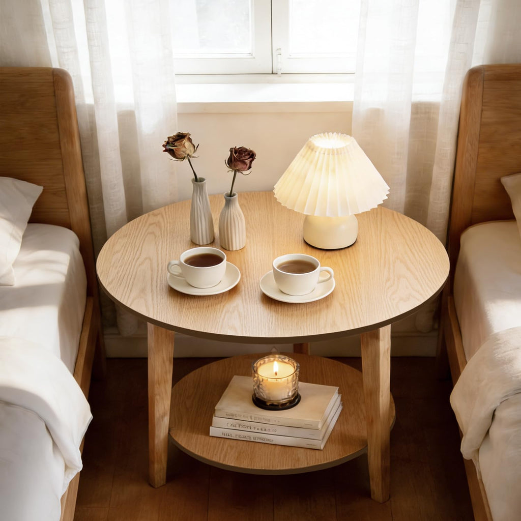 2-Tier Round Coffee Table, 28ââ Wood Nesting Side Table with Storage Shelf, Natural Walnut Wood Tables for Living Room, Space Saving Accent Table