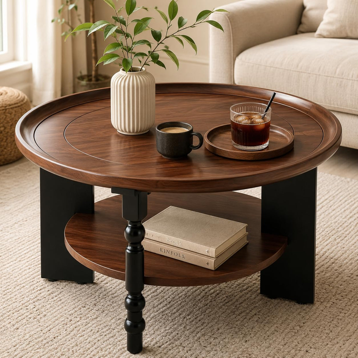 31.5" Round Wood Coffee Table, Mid-Century Modern, Walnut