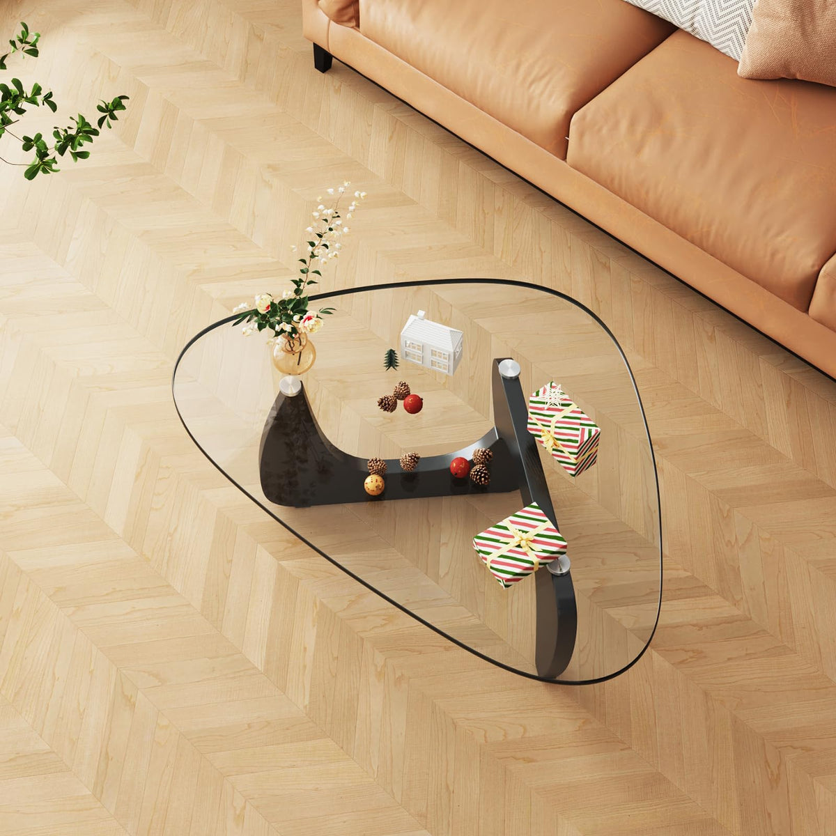 Coffee Tables Glass Small Farmhouse Coffee Table Mid-Century Modern Wood Center Table for Living Room, Walnut Transparent, 32 Inch