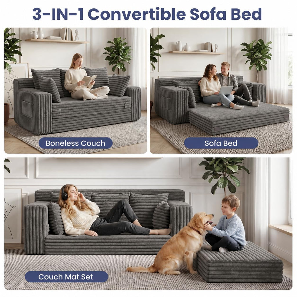 3-in-1 Convertible Sofa Bed: Boneless Loveseat Sleeper & Folding Couch Bed with 4 Pillows & Detachable Cushion, Furry Futon Couch for Bedroom, Apartment, Office and Living Room, No Assembly, Orange