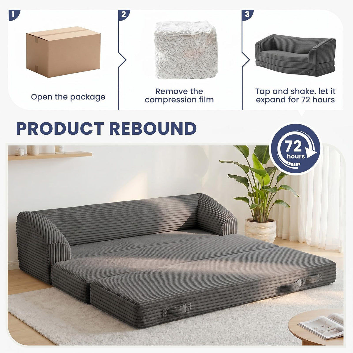 Convertible Folding Sofa Bed, 2-in-1 Single Boneless Sofa with Soft Corduroy & Ultra-Thick Backrest, Foldable Boneless Chair Lounger Sleeper Sofa for Small Apartment, Living Room, Home Office