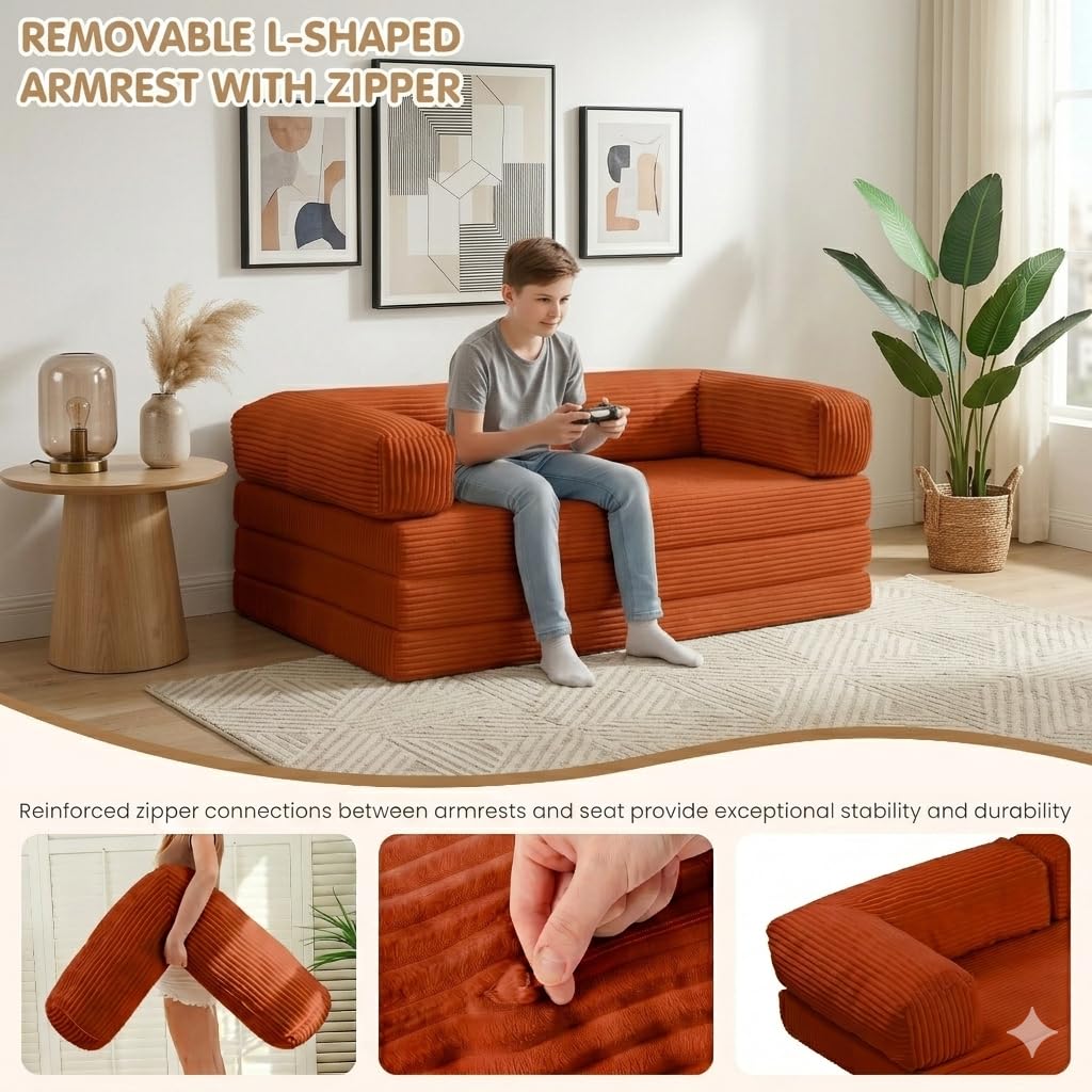 Convertible Sofa Bed Queen,5-in-1 Boneless Couch with Removable Armrests & Handle,Corduroy Futon Sleeper Sofa,Floor Folding Mattress Pull Out Bed for Small Space Apartment Living Room Bedroom,Green