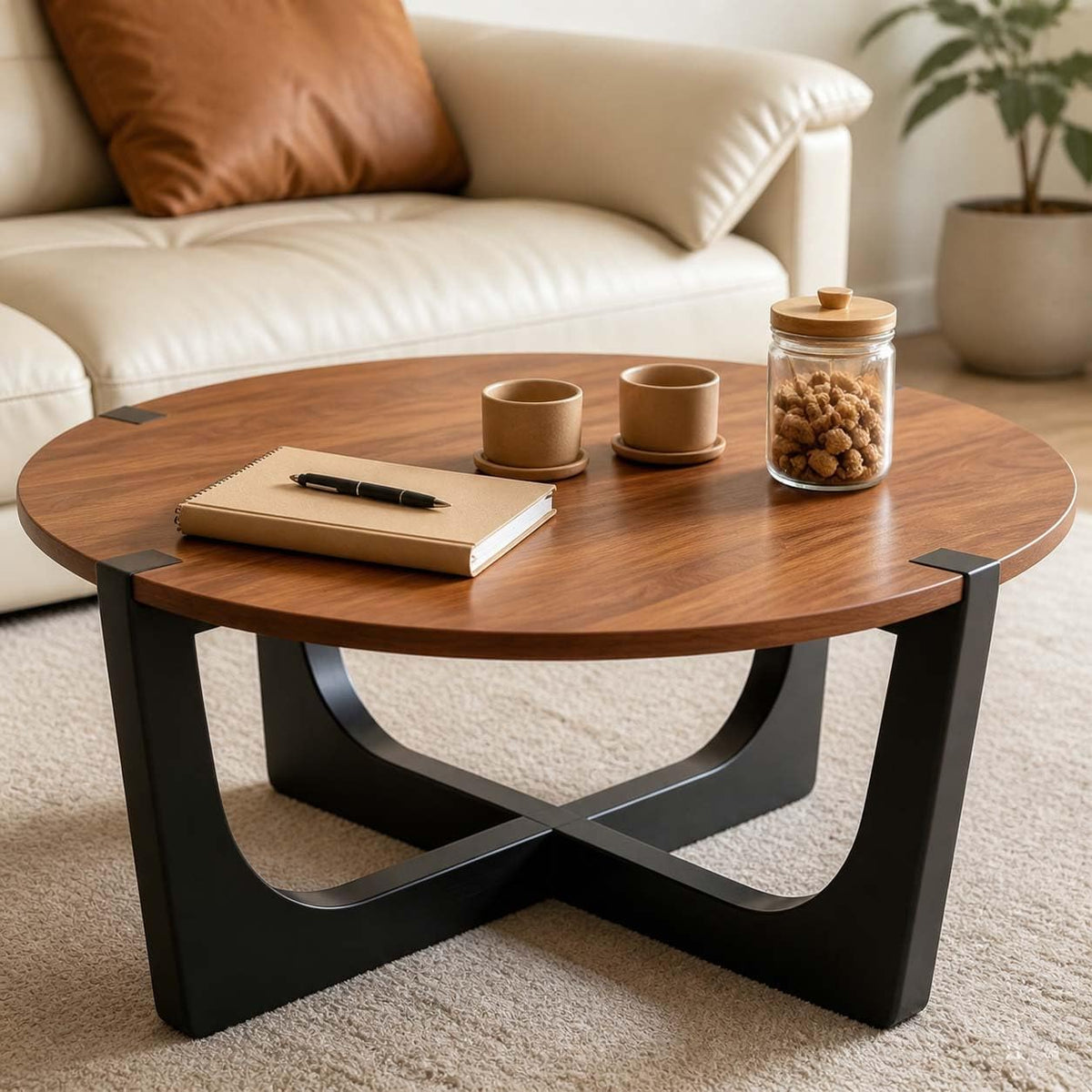 31.5" Round Wood Coffee Table, Mid-Century Modern, Walnut