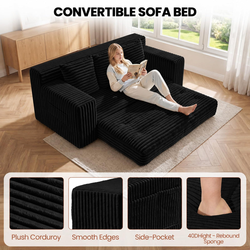 Small Boneless Couch, Boneless Loveseat Convertible Sofa Bed Sleeper Sofa Couch Bed with 2 Pillows, Corduroy Folding Floor Futon Foldable Boneless Couch for Living Room, Guest Room, Small Space, Black