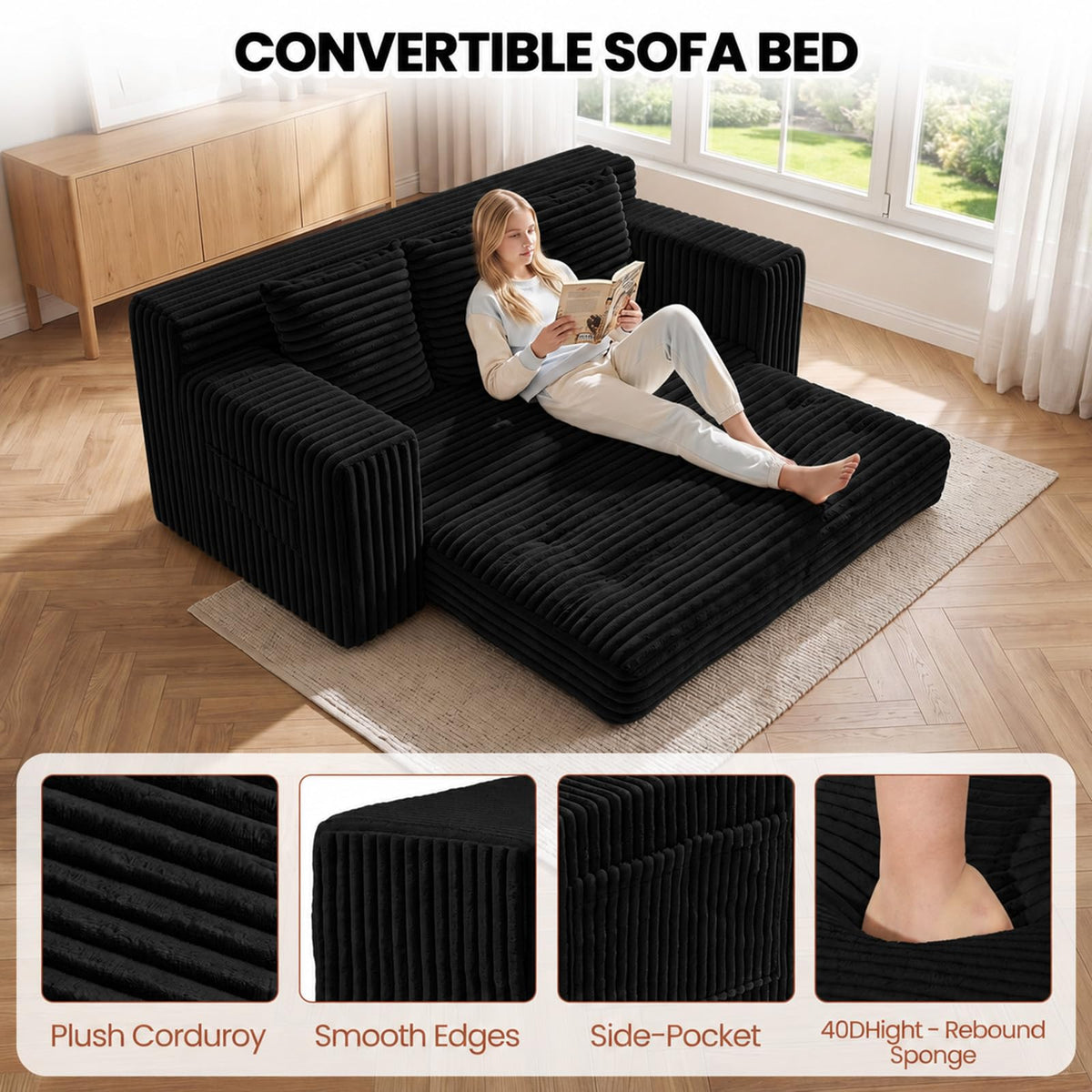 Small Boneless Couch, Boneless Loveseat Convertible Sofa Bed Sleeper Sofa Couch Bed with 2 Pillows, Corduroy Folding Floor Futon Foldable Boneless Couch for Living Room, Guest Room, Small Space, Black