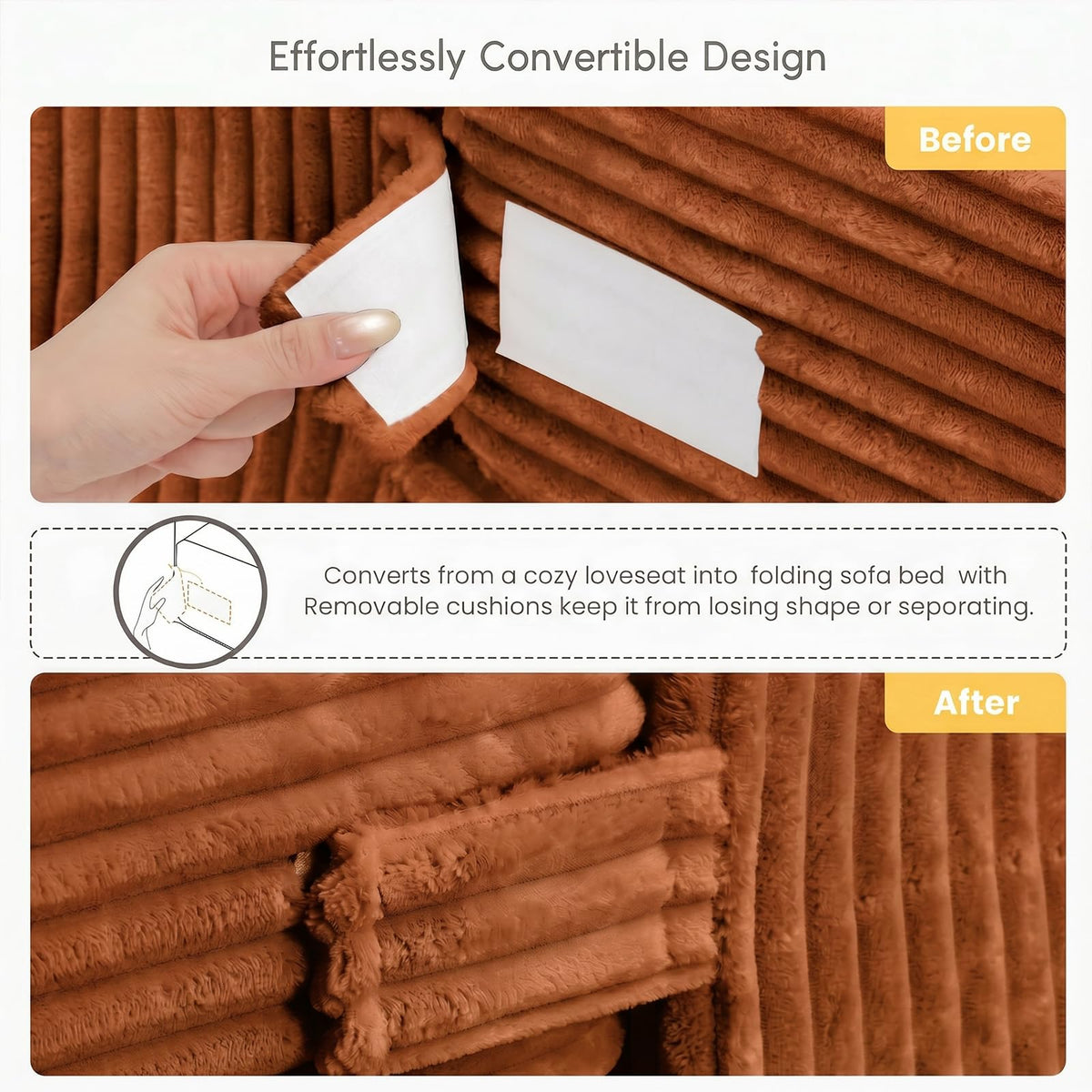 cidludto Convertible Sofa Bed, 3 in 1 Loveseat Folding Couch Bed Foldable - Chaise Lounge Chair & Floor Futon Sofa, Corduroy Pull Out Sofa Bed with 4 Pillows for Living Room, Beige