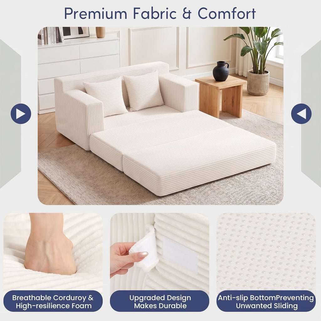 cidludto Convertible Sofa Bed, 3 in 1 Loveseat Folding Couch Bed Foldable - Chaise Lounge Chair & Floor Futon Sofa, Corduroy Pull Out Sofa Bed with 4 Pillows for Living Room, Beige