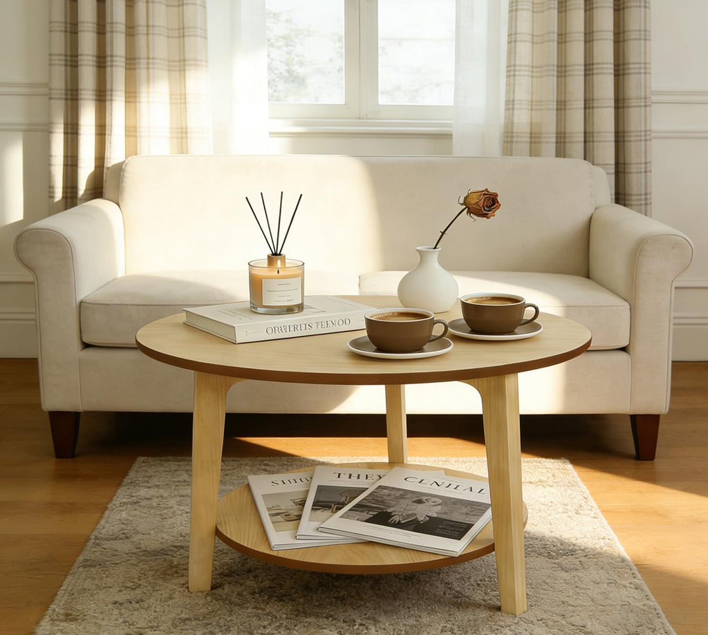 2-Tier Round Coffee Table, 28ââ Wood Nesting Side Table with Storage Shelf, Natural Walnut Wood Tables for Living Room, Space Saving Accent Table