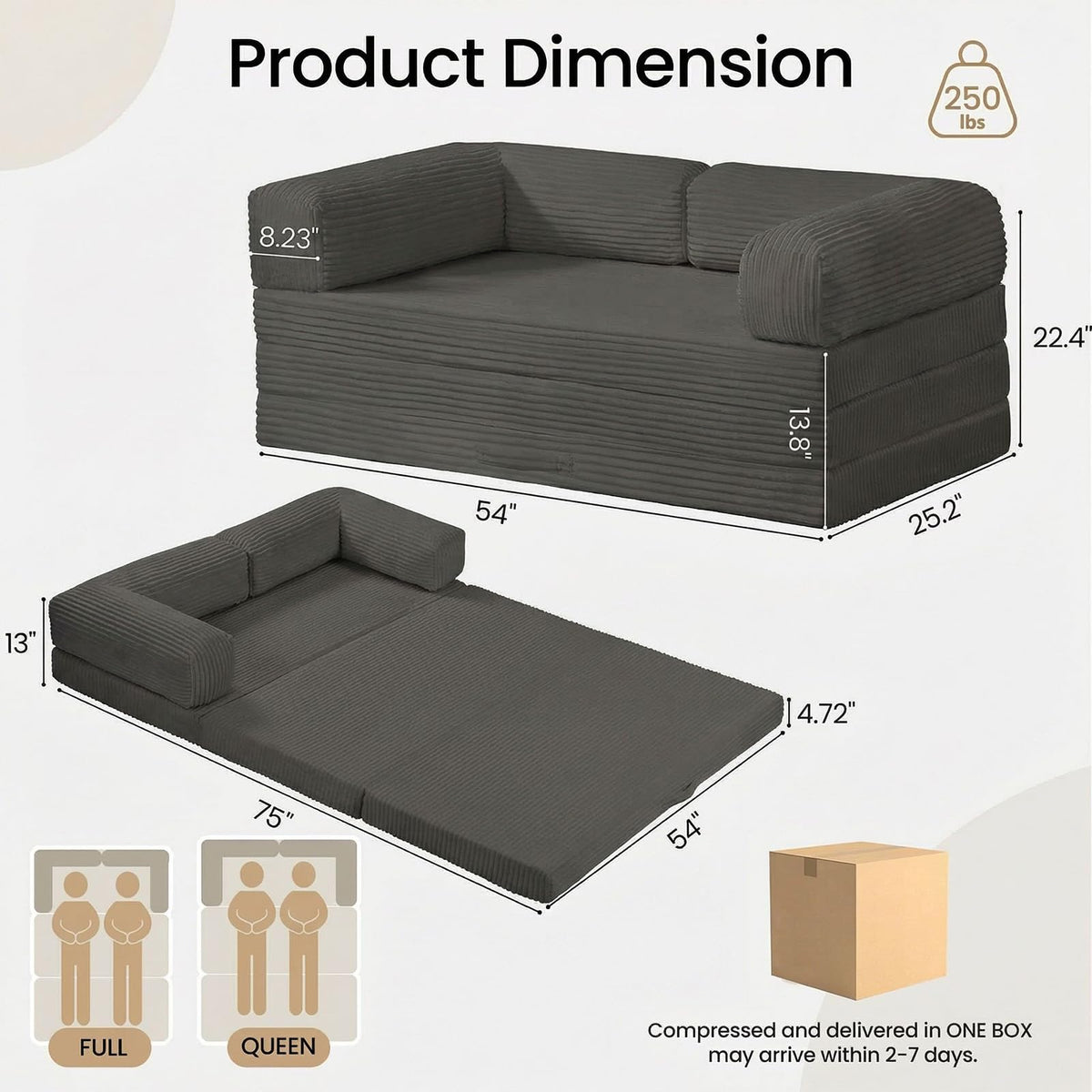 Erament Futon Sofa Bed Queen, Convertible Tri Folding Mattress Foldable with Removable Armrests & Washable Cover, 5-Inch Floor Mattress with High-Density Foam, Small Pull Out Couch Bed, Beige