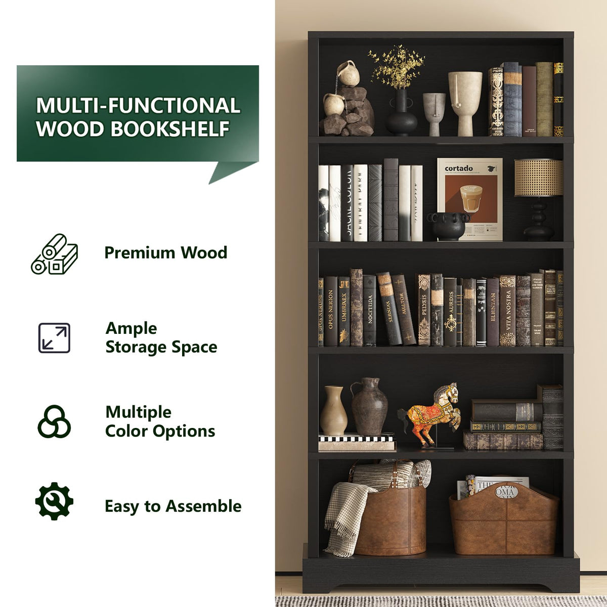 TVU 5 Tiers Wooden Bookshelf, 65.2" Tall Farmhouse Style Open Bookcase, 31.5" Wide Standing Book Shelf with Storage for Study Room, Living Room, Walnut Brown