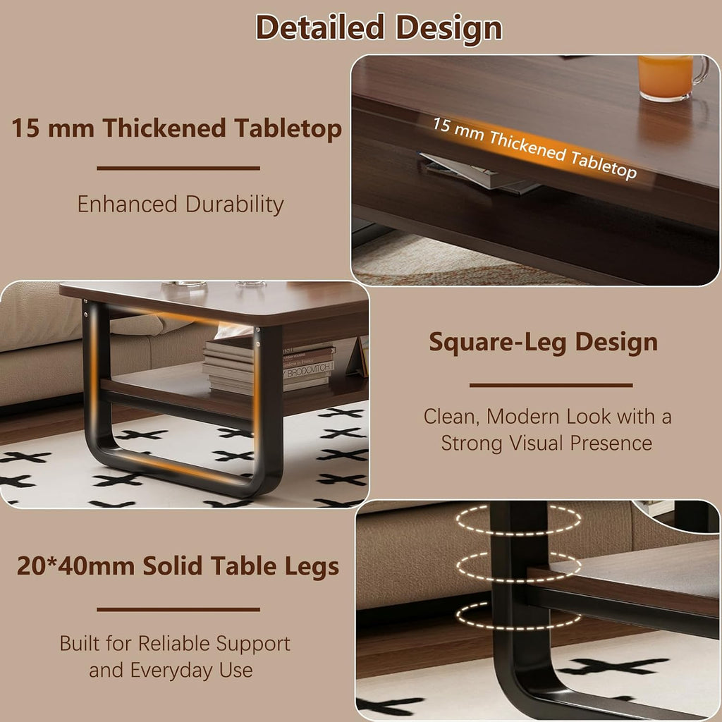 Coffee Table for Living Room with 2-Tier Storage Shelf, 39 inch Rectangular Wooden Center Table, Large Industrial Coffee Tables with Metal Leg & Rounded Corners for Home Office(Black)