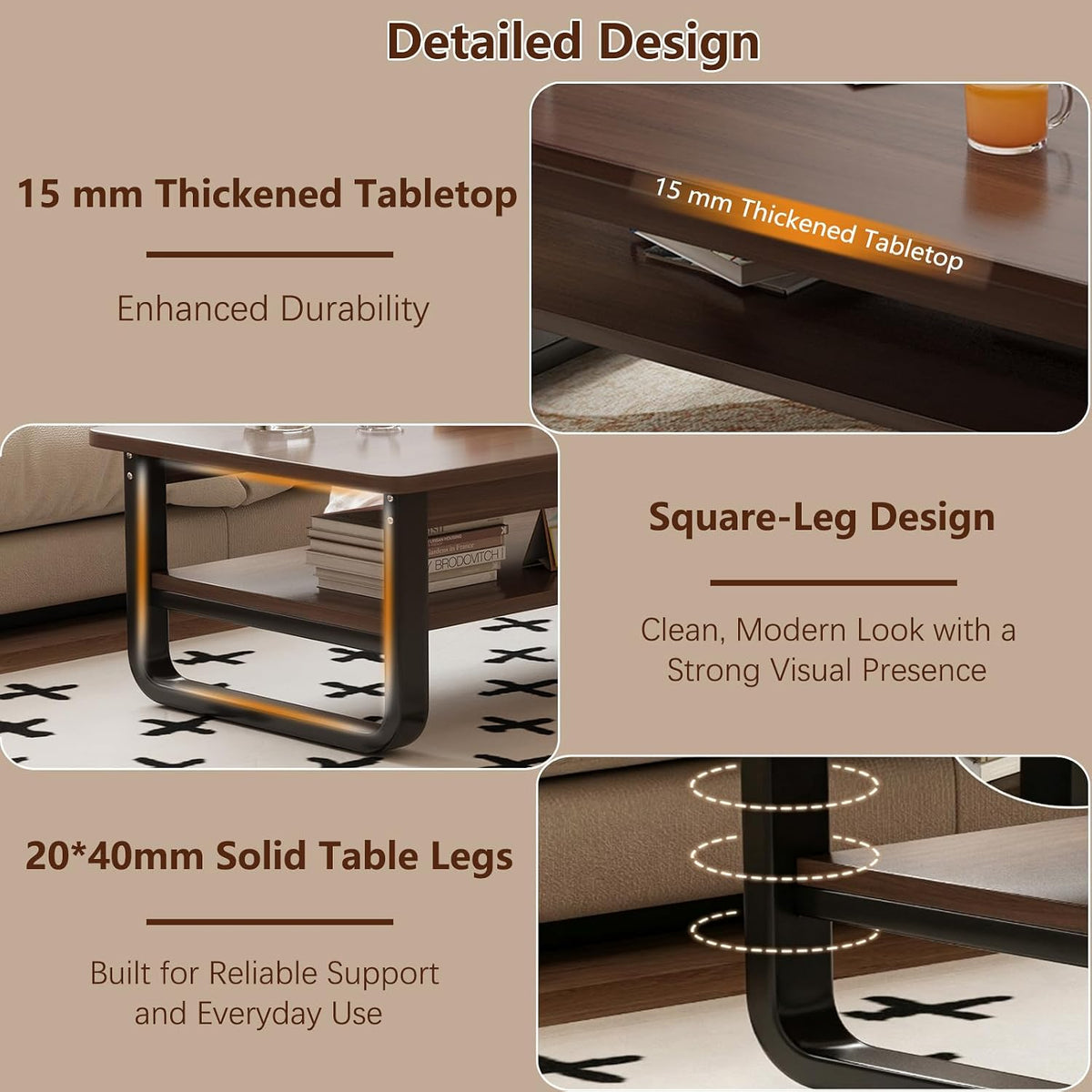 Coffee Table for Living Room with 2-Tier Storage Shelf, 39 inch Rectangular Wooden Center Table, Large Industrial Coffee Tables with Metal Leg & Rounded Corners for Home Office(Black)
