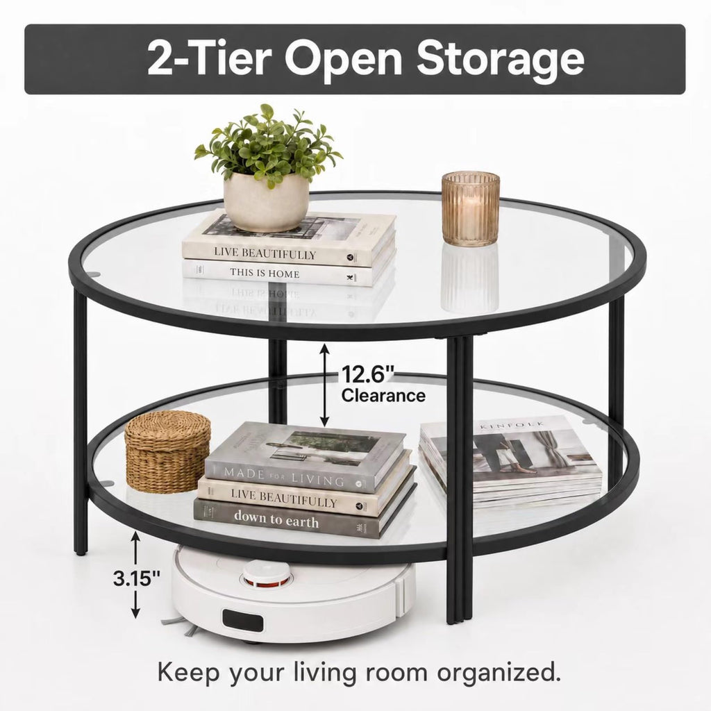 36" Round Glass Coffee Table,Gold Circle Coffee Table with Storage