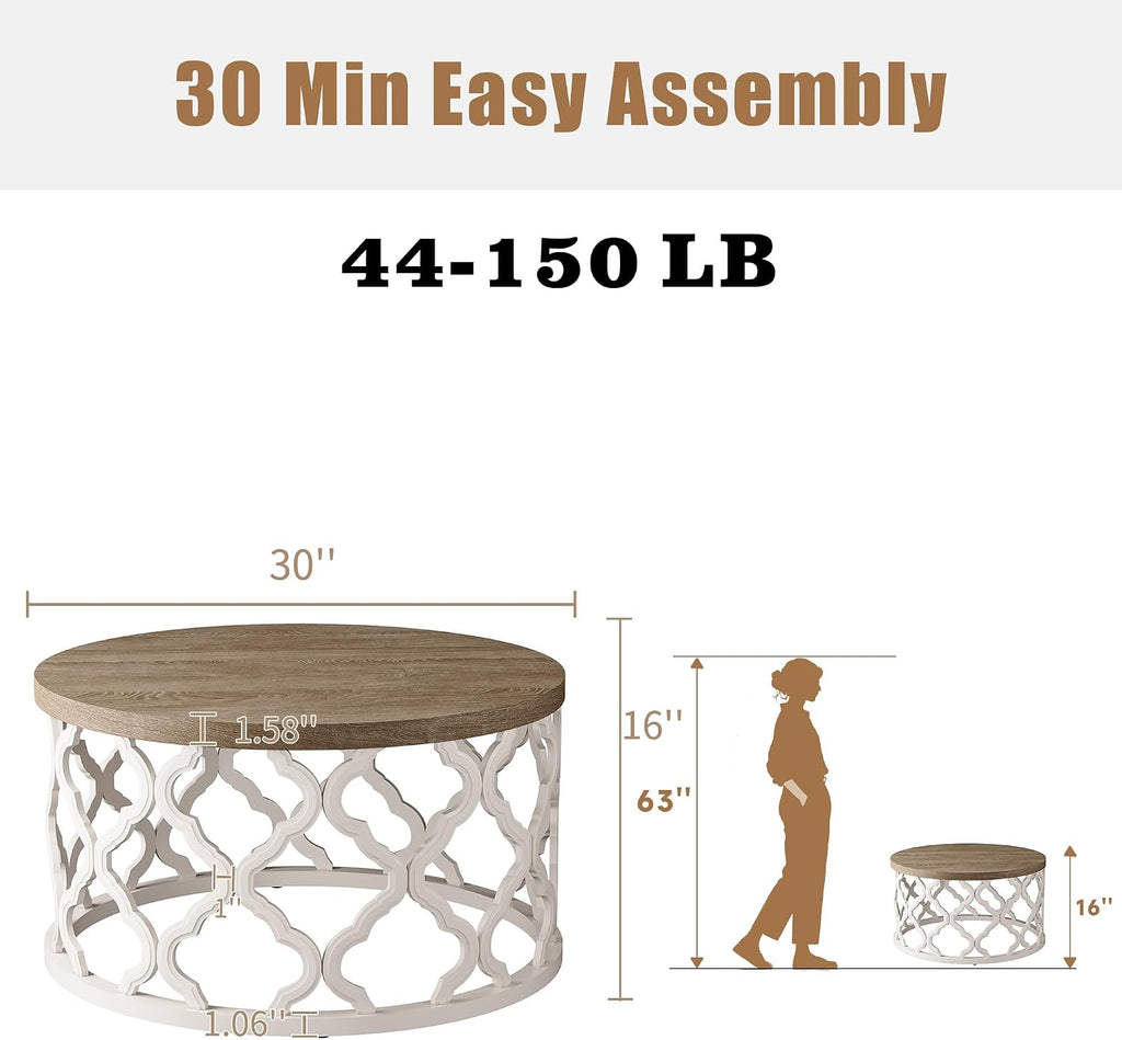karlott Farmhouse Coffee Table, French Country Round Coffee Table, Beige