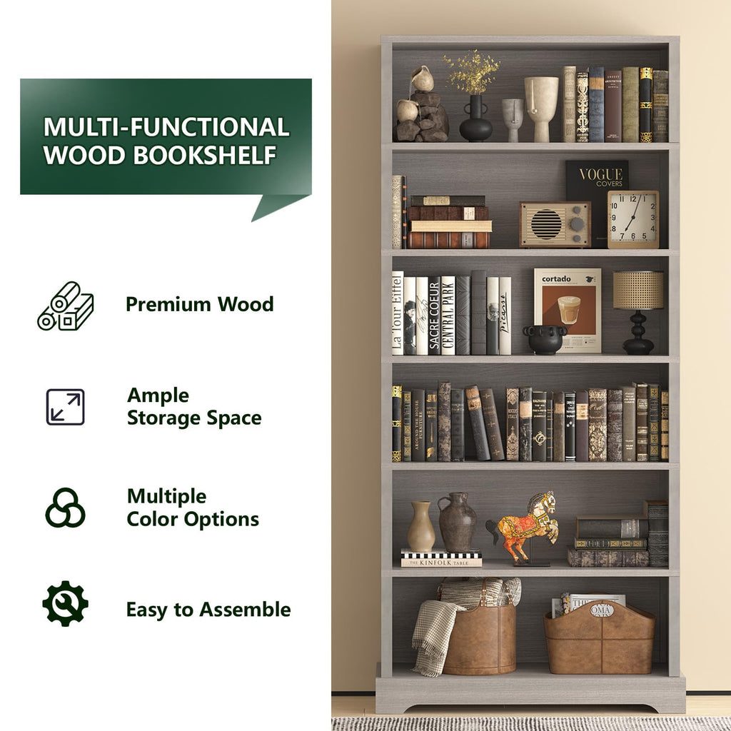 TVU 5 Tiers Wooden Bookshelf, 65.2" Tall Farmhouse Style Open Bookcase, 31.5" Wide Standing Book Shelf with Storage for Study Room, Living Room, Walnut Brown