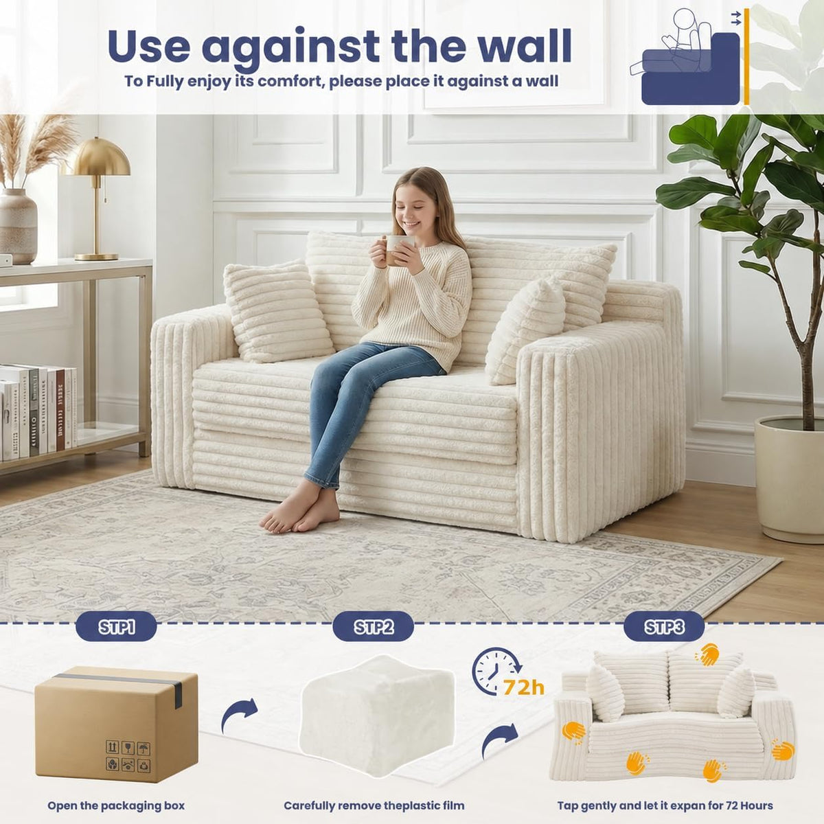 3-in-1 Convertible Sofa Bed: Boneless Loveseat Sleeper & Folding Couch Bed with 4 Pillows & Detachable Cushion,Furry Futon Couch for Bedroom,Apartment,Office and Living Room, No Assembly,Beige