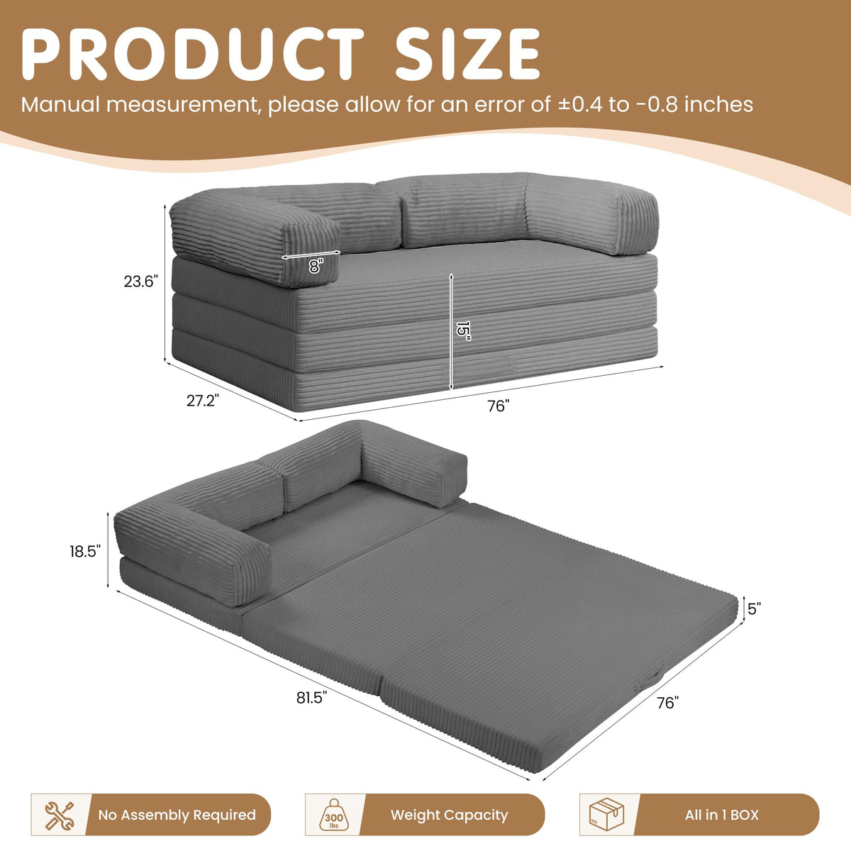 Convertible Sofa Bed Queen,5-in-1 Boneless Couch with Removable Armrests & Handle,Corduroy Futon Sleeper Sofa,Floor Folding Mattress Pull Out Bed for Small Space Apartment Living Room Bedroom,Green