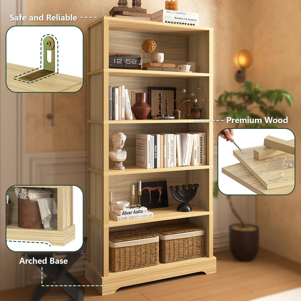 TVU 5 Tiers Wooden Bookshelf, 65.2" Tall Farmhouse Style Open Bookcase, 31.5" Wide Standing Book Shelf with Storage for Study Room, Living Room, Walnut Brown