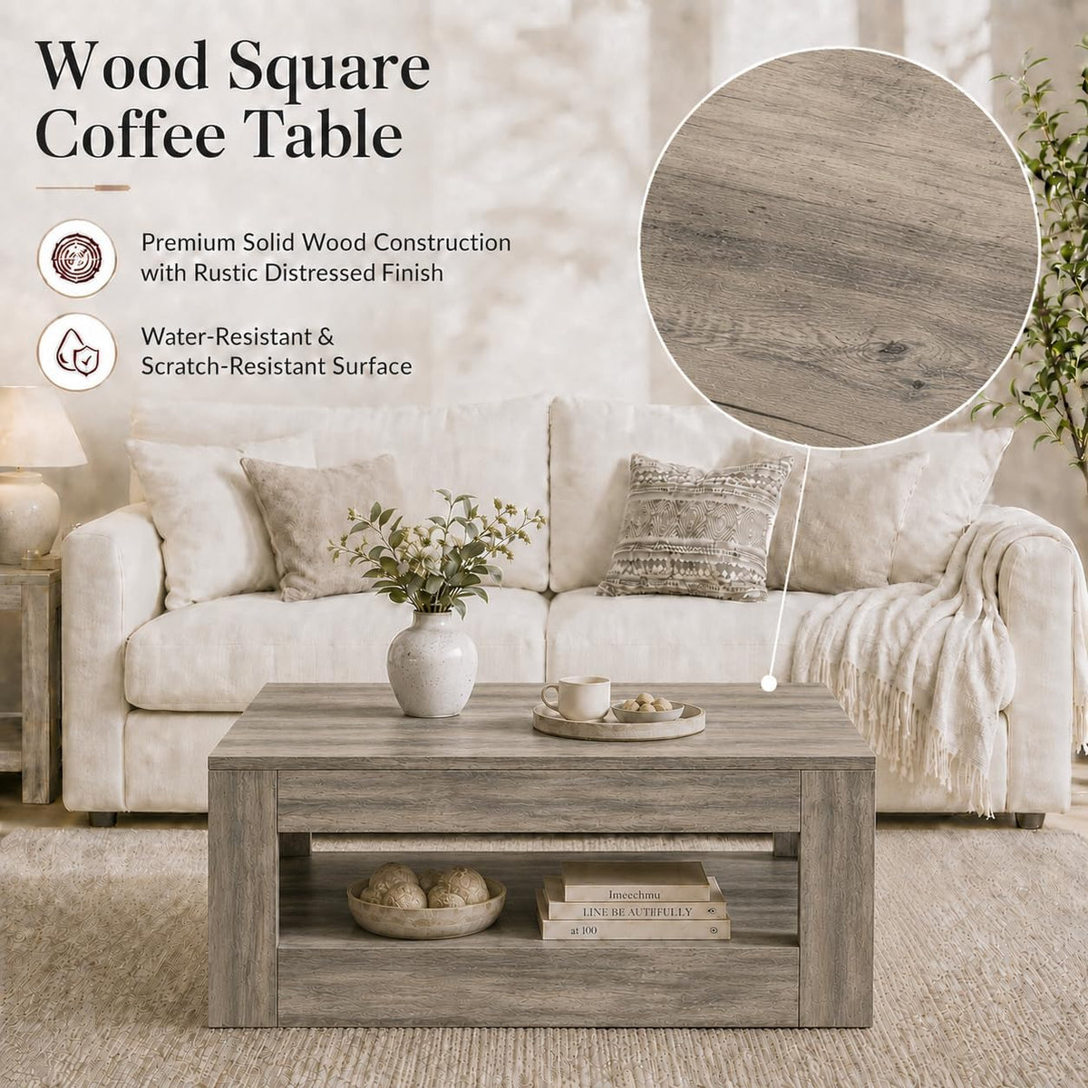 31.5" Square Wood Coffee Table with Storage for Living Room, Gray