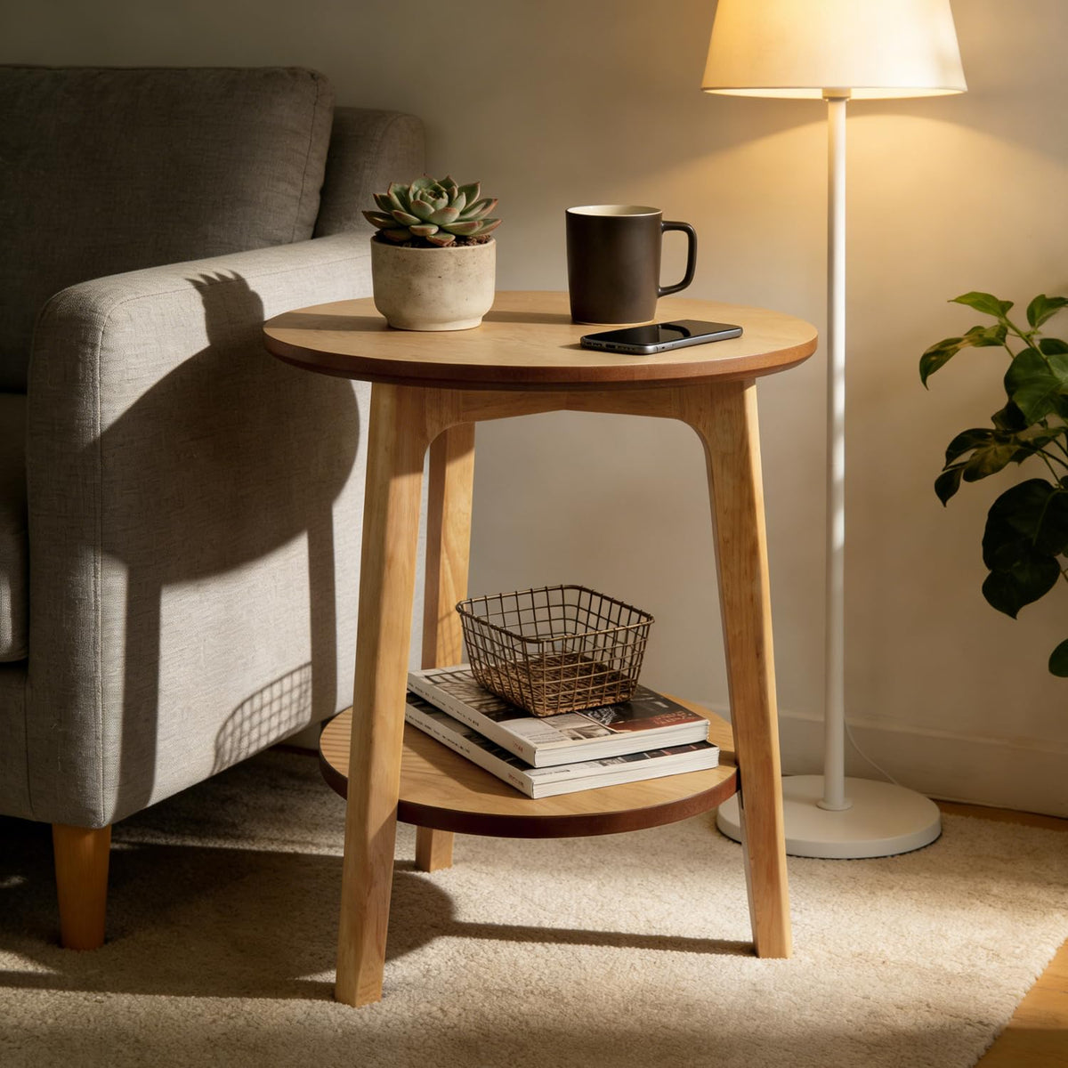 2-Tier Round Coffee Table Wood Nesting Side Table (Walnut, 28x28x18)