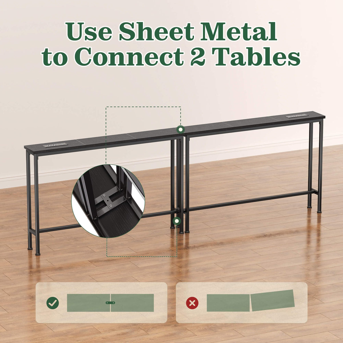 SUPERJARE 110.2 inch Narrow Behind Couch Table with Charging Stations