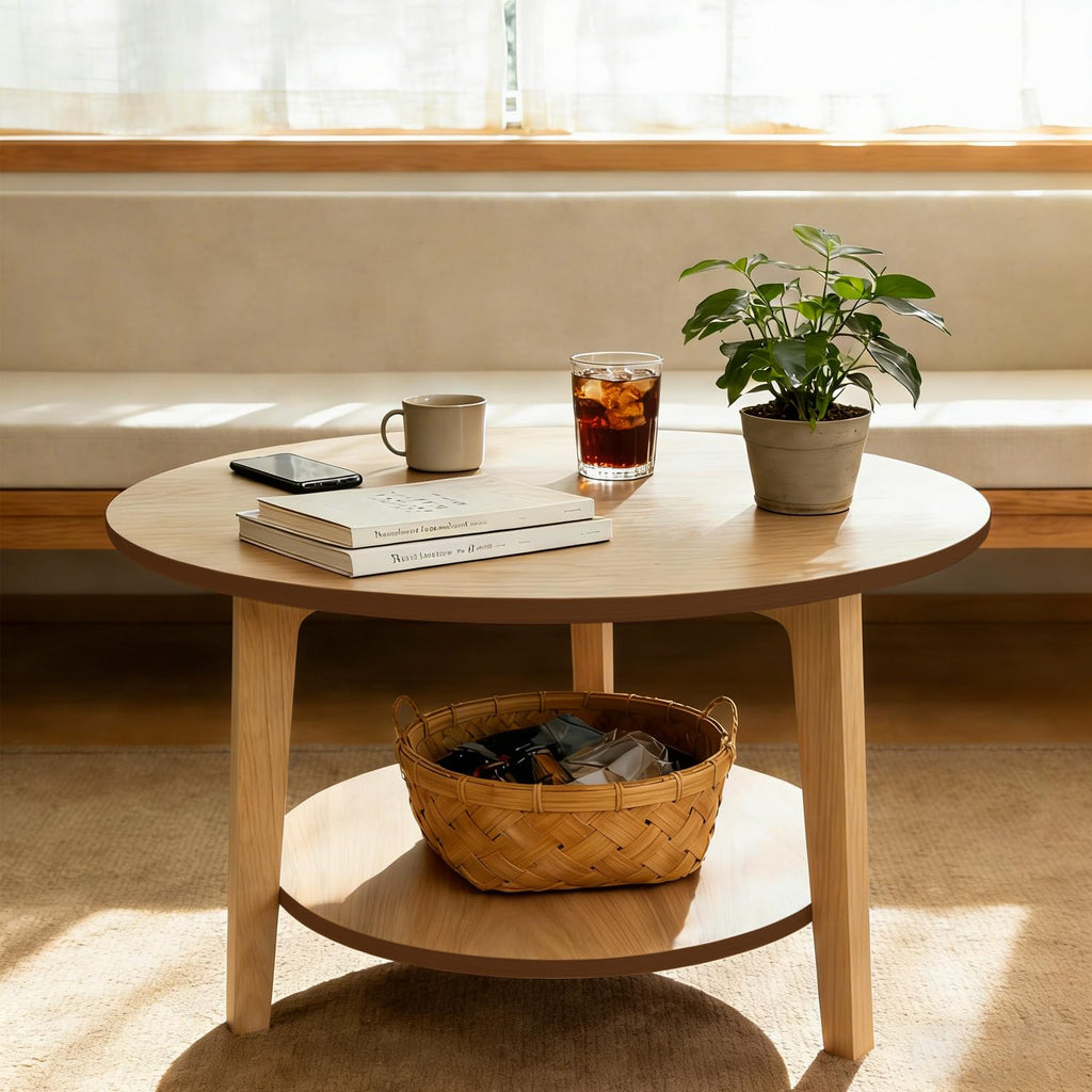 2-Tier Round Coffee Table, 28ââ Wood Nesting Side Table with Storage Shelf, Natural Walnut Wood Tables for Living Room, Space Saving Accent Table
