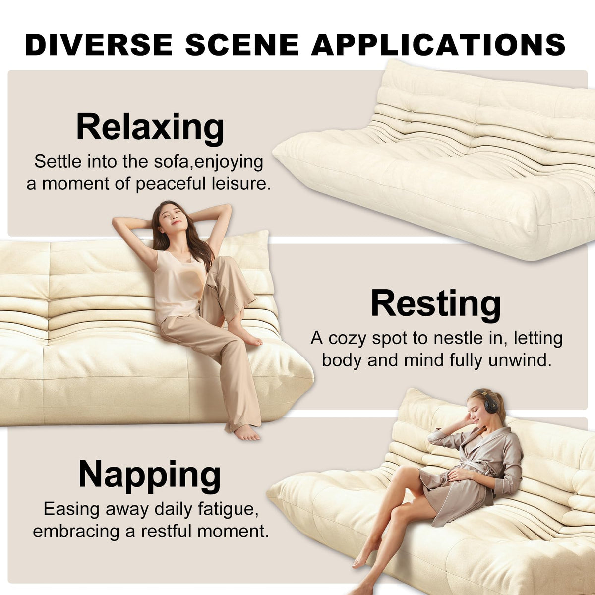 Full Foam 3-Seater Sofa, Bean Bag Floor Couch for Adults, Waterproof Fabric