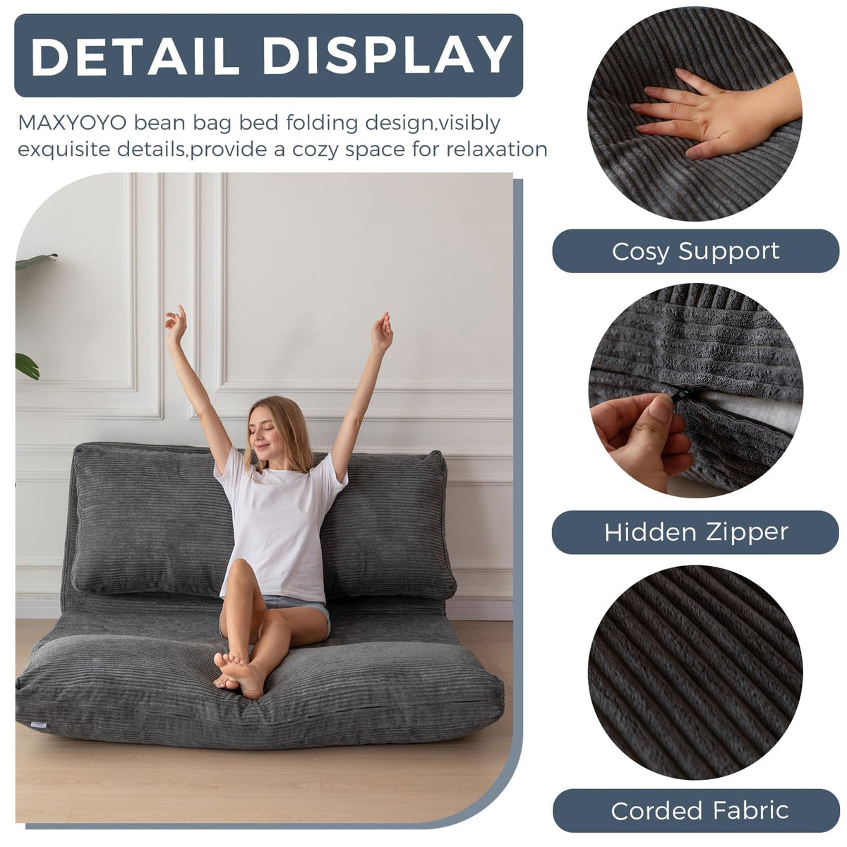 MAXYOYO Folding Sofa Bed, Extra Thick and Long Floor Sofa Convertible Chair with Washable Cover, Floor Couch Lounge Bean Bag Bed for Living Room, Dark Grey, 54x91 Inch