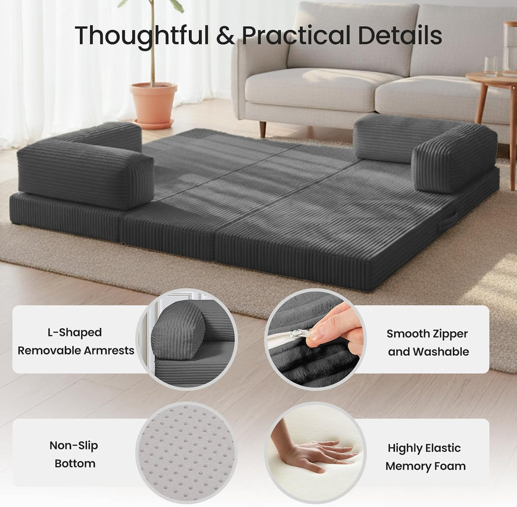 Tri-Fold Foldable Mattress, Convertible Folding Sofa Bed with Removable Arms & Washable Cover, All-in-One Portable Mattress Floor Sofa Bed, No Assembly Required & Non-Slip, Queen Size, Grey