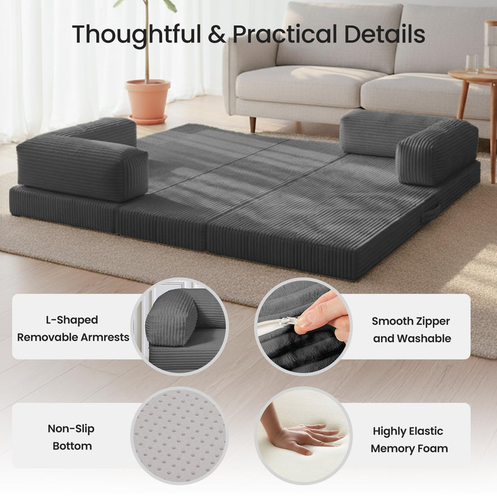 Tri-Fold Foldable Mattress, Convertible Folding Sofa Bed with Removable Arms & Washable Cover, All-in-One Portable Mattress Floor Sofa Bed, No Assembly Required & Non-Slip, Queen Size, Grey